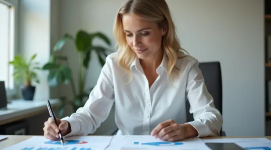 Un président de SASU analysant des documents financiers et des graphiques de rémunération, représentant la planification stratégique d'une rémunération optimale