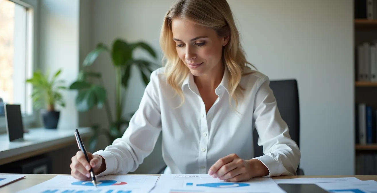 Un président de SASU analysant des documents financiers et des graphiques de rémunération, représentant la planification stratégique d'une rémunération optimale