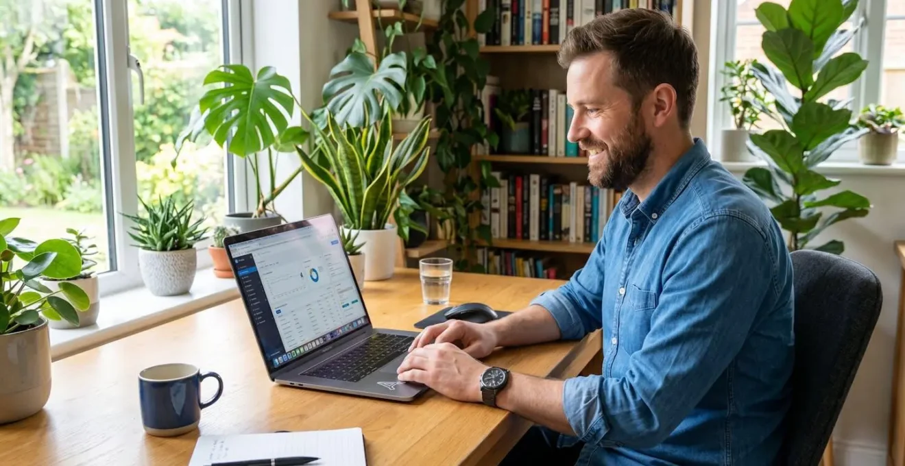 Auto-entrepreneur consultant son espace Urssaf sur ordinateur portable dans un bureau lumineux