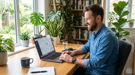 Auto-entrepreneur consultant son espace Urssaf sur ordinateur portable dans un bureau lumineux
