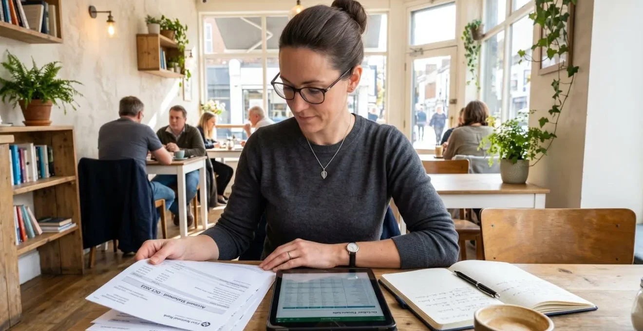 Femme entrepreneur consultant des documents bancaires dans un café avec tablette et carnets