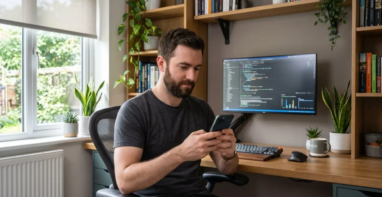 Homme travaillant à domicile consultant son application bancaire professionnelle sur smartphone